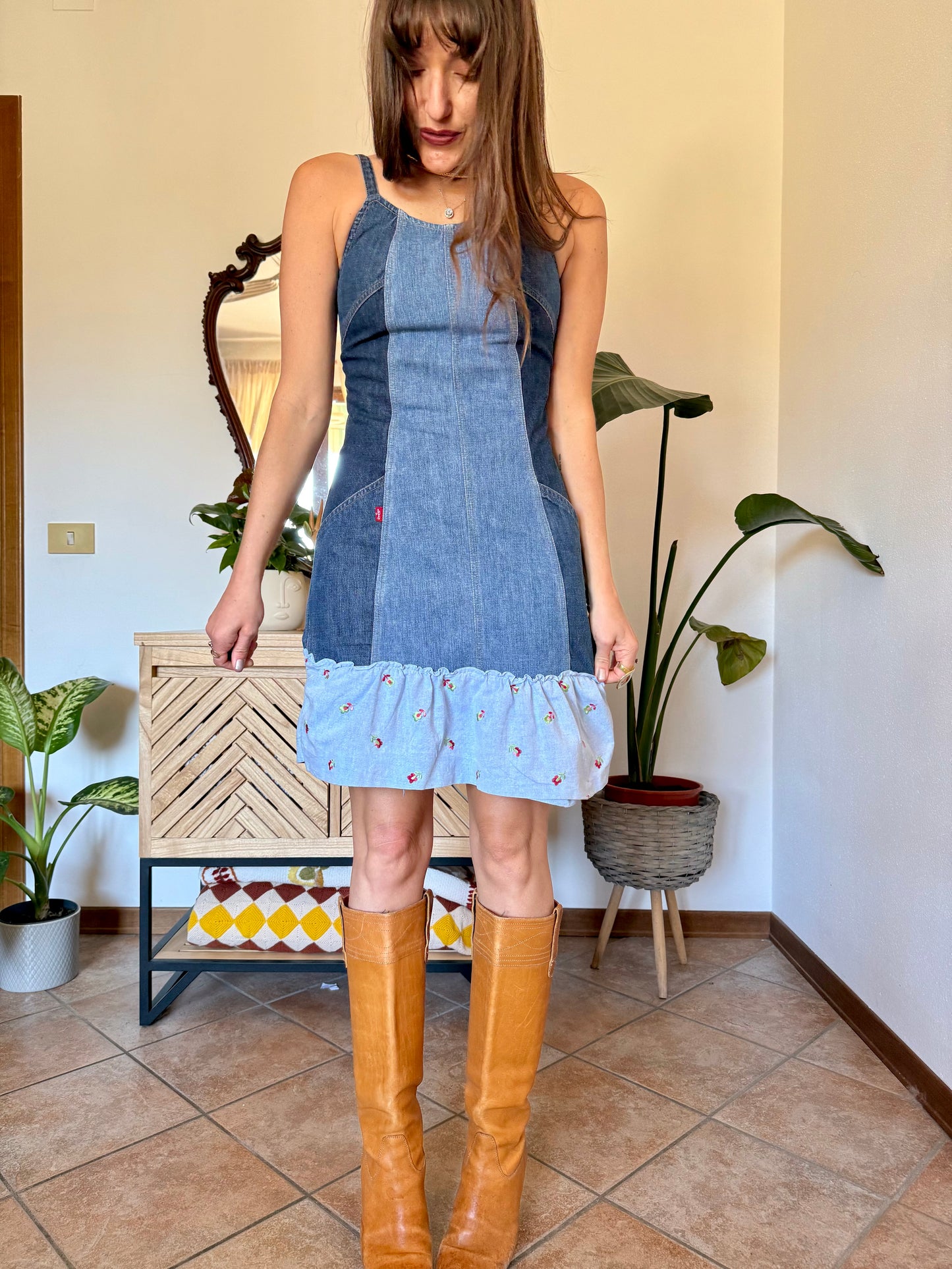 Y2k vintage denim Levi's mini dress with floral embroidery ruffle trim