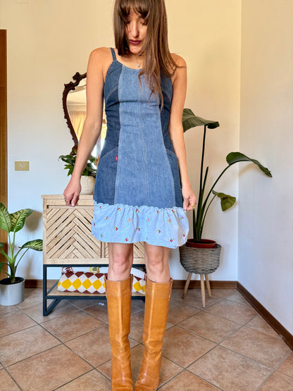 Y2k vintage denim Levi's mini dress with floral embroidery ruffle trim