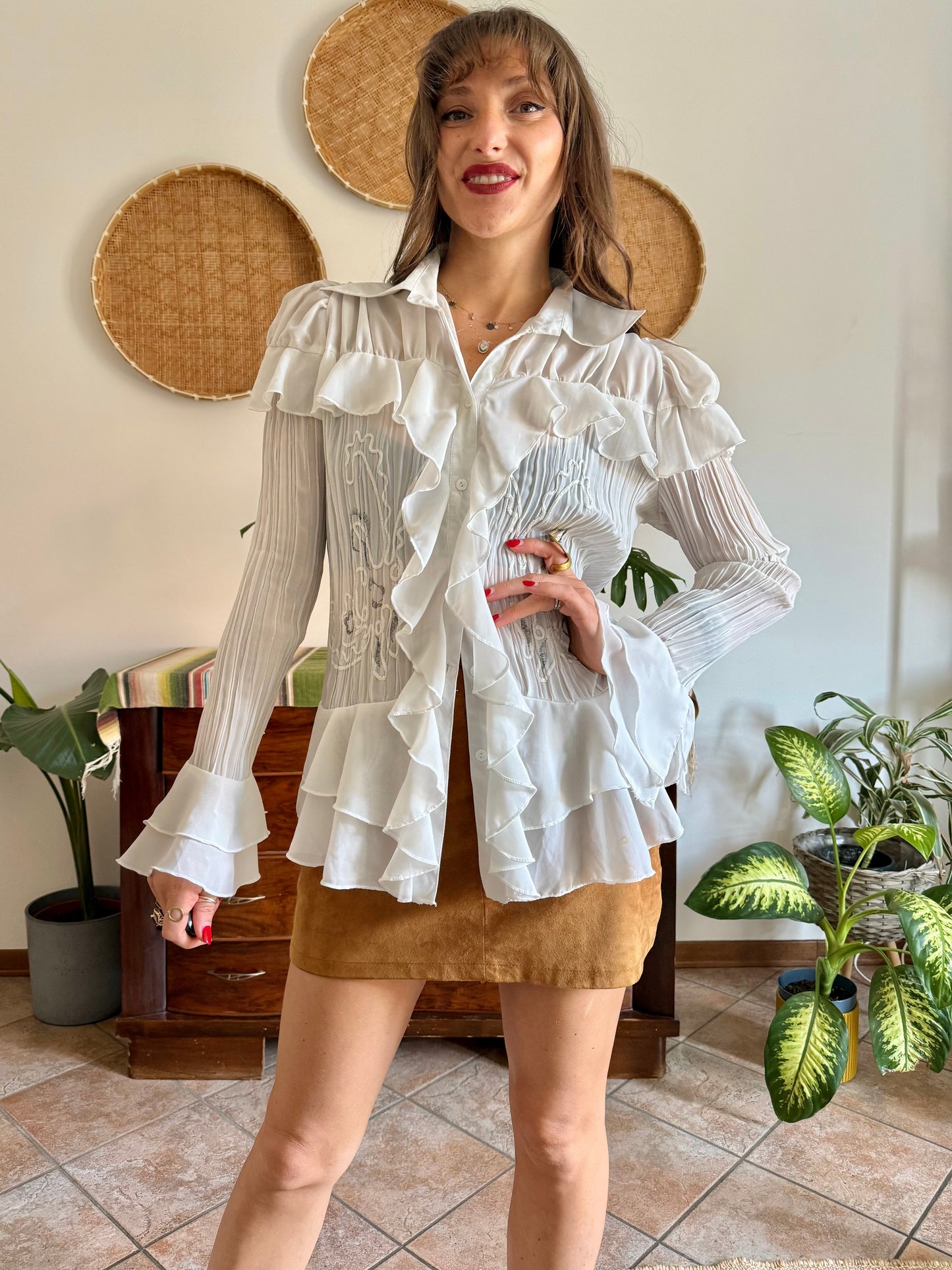 1990’s vintage sheer white silk blend textured ruffle blouse with bell sleeves and floral embroider
