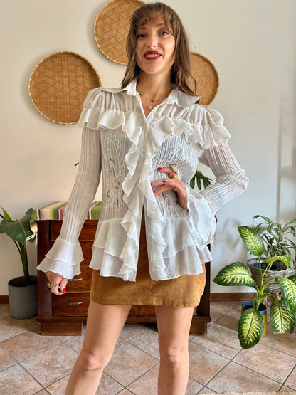1990’s vintage sheer white silk blend textured ruffle blouse with bell sleeves and floral embroider