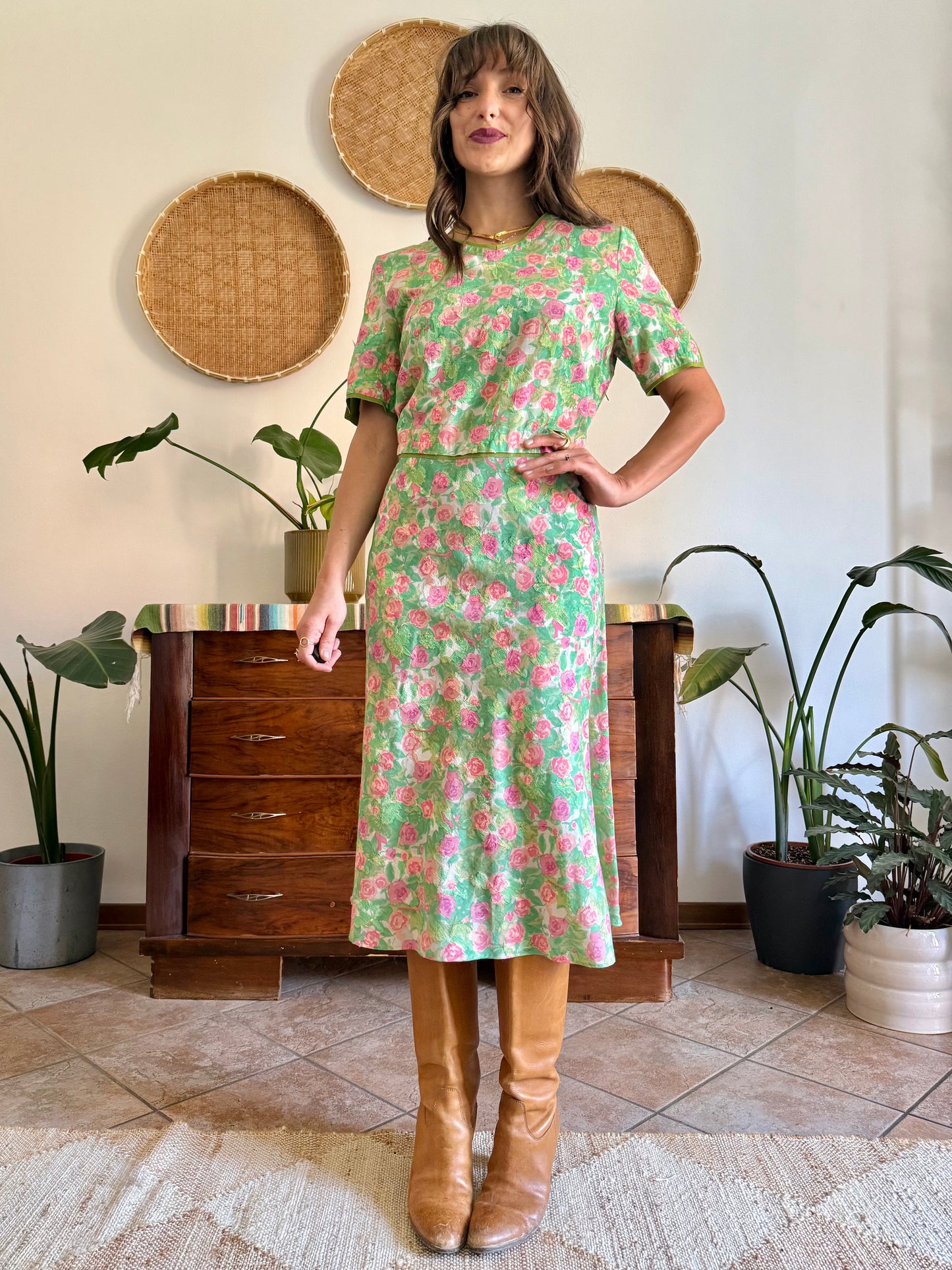 1960’s vintage semi sheer green, pink and white textured floral print midi dress