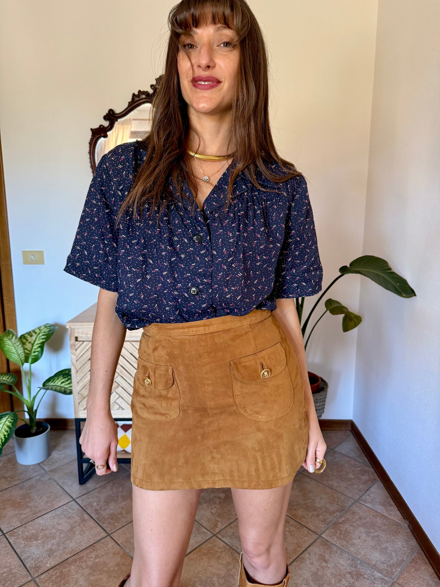 1970's vintage navy blue silk blouse with pink and tan abstract line print