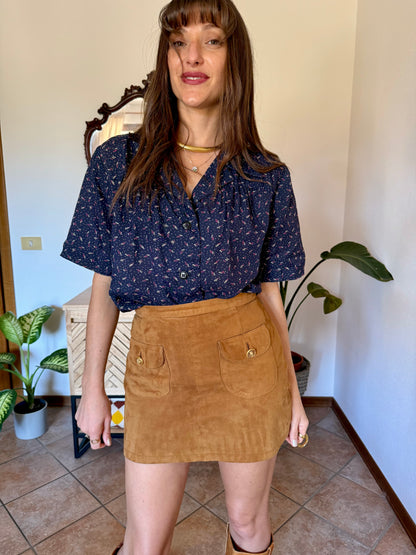 1970's vintage navy blue silk blouse with pink and tan abstract line print