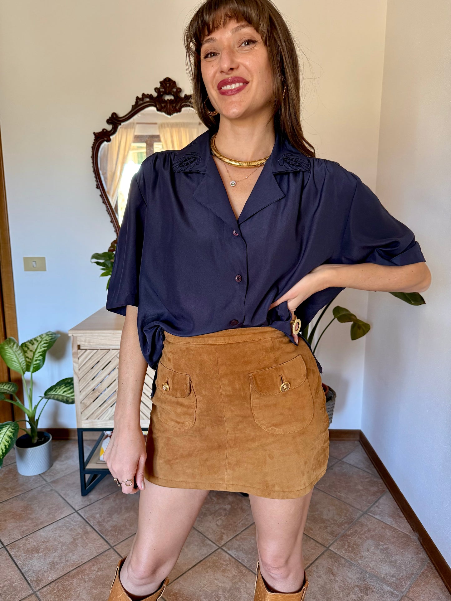 1970’s vintage navy blue blouse with floral embroidered collar
