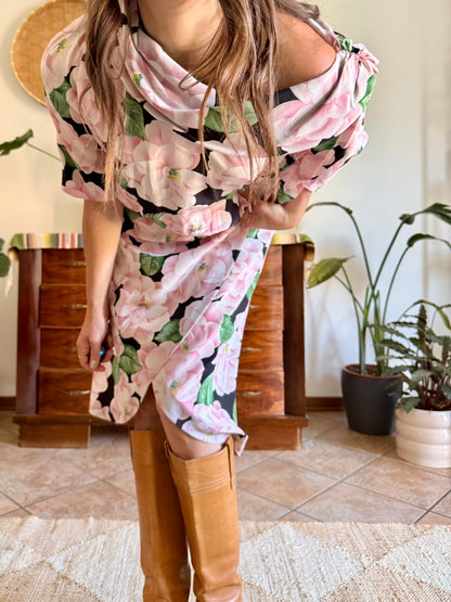 1960’s vintage pink, green and black silk floral print dress