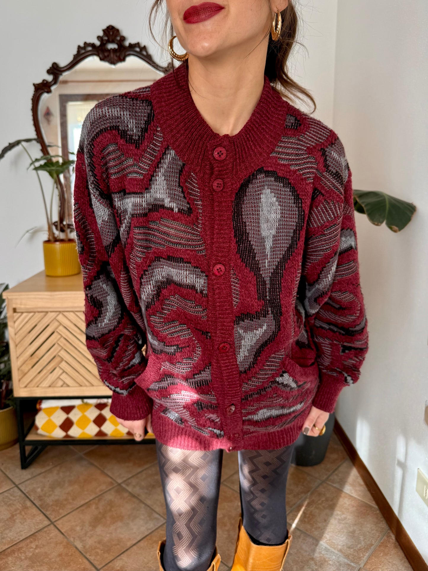 1970’s vintage burgundy, grey and black knit dress