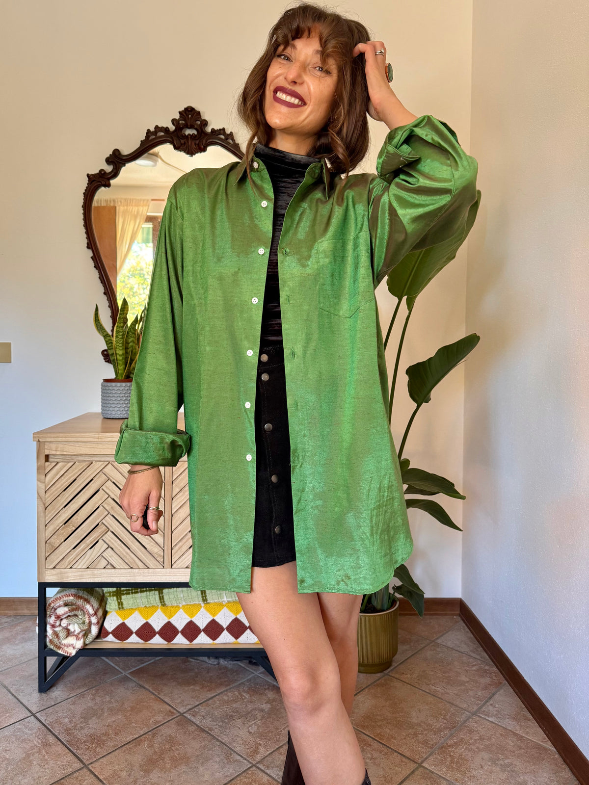 1970’s vintage oversize green and brown iridescent silk blouse