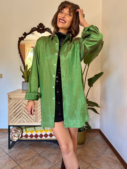 1970’s vintage oversize green and brown iridescent silk blouse