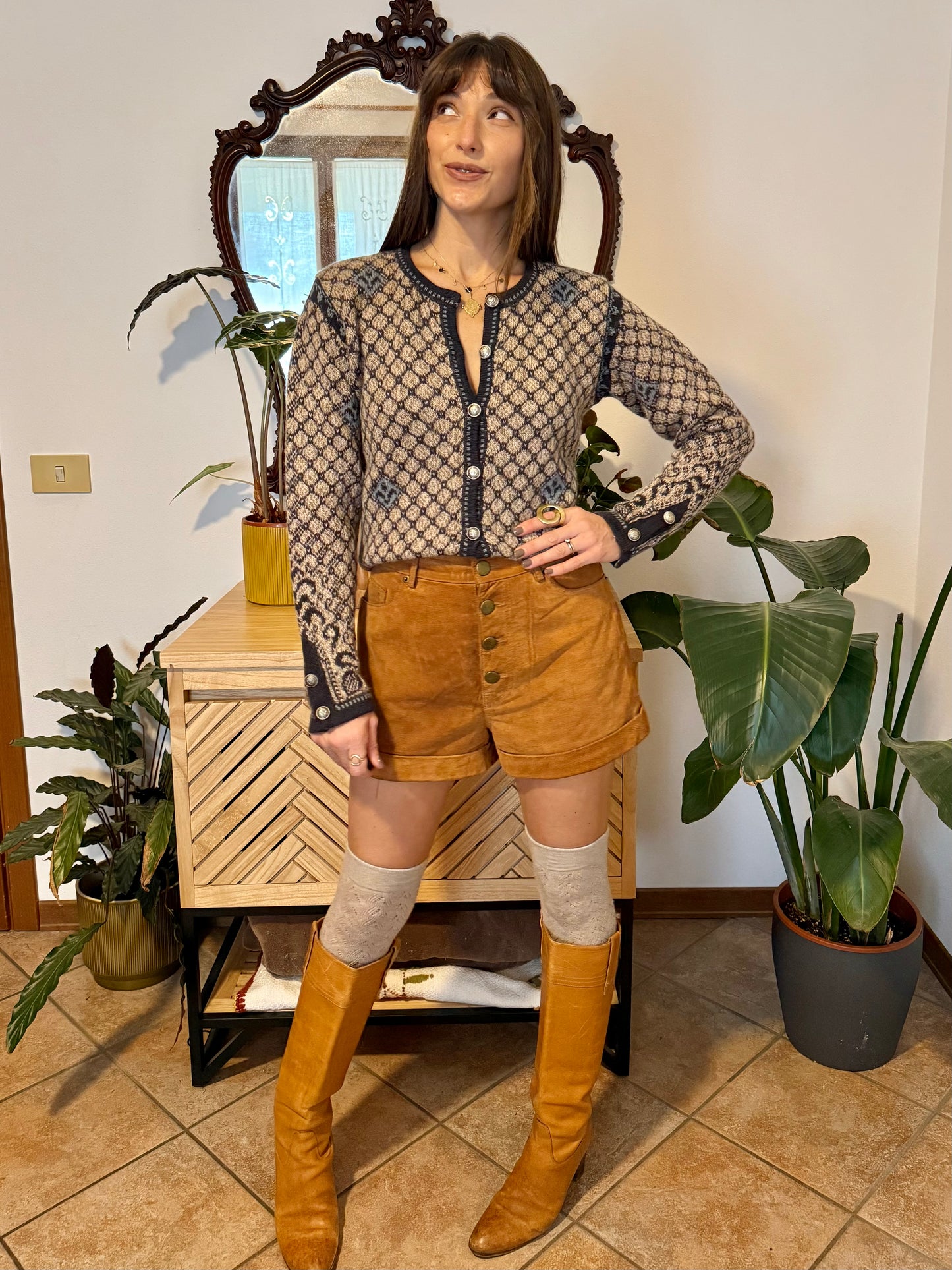 1990's vintage grey and beige alpaca knit cardigan with turquoise geometric pattern