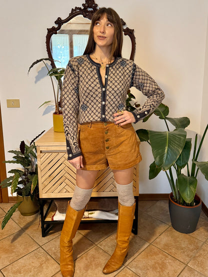 1990's vintage grey and beige alpaca knit cardigan with turquoise geometric pattern