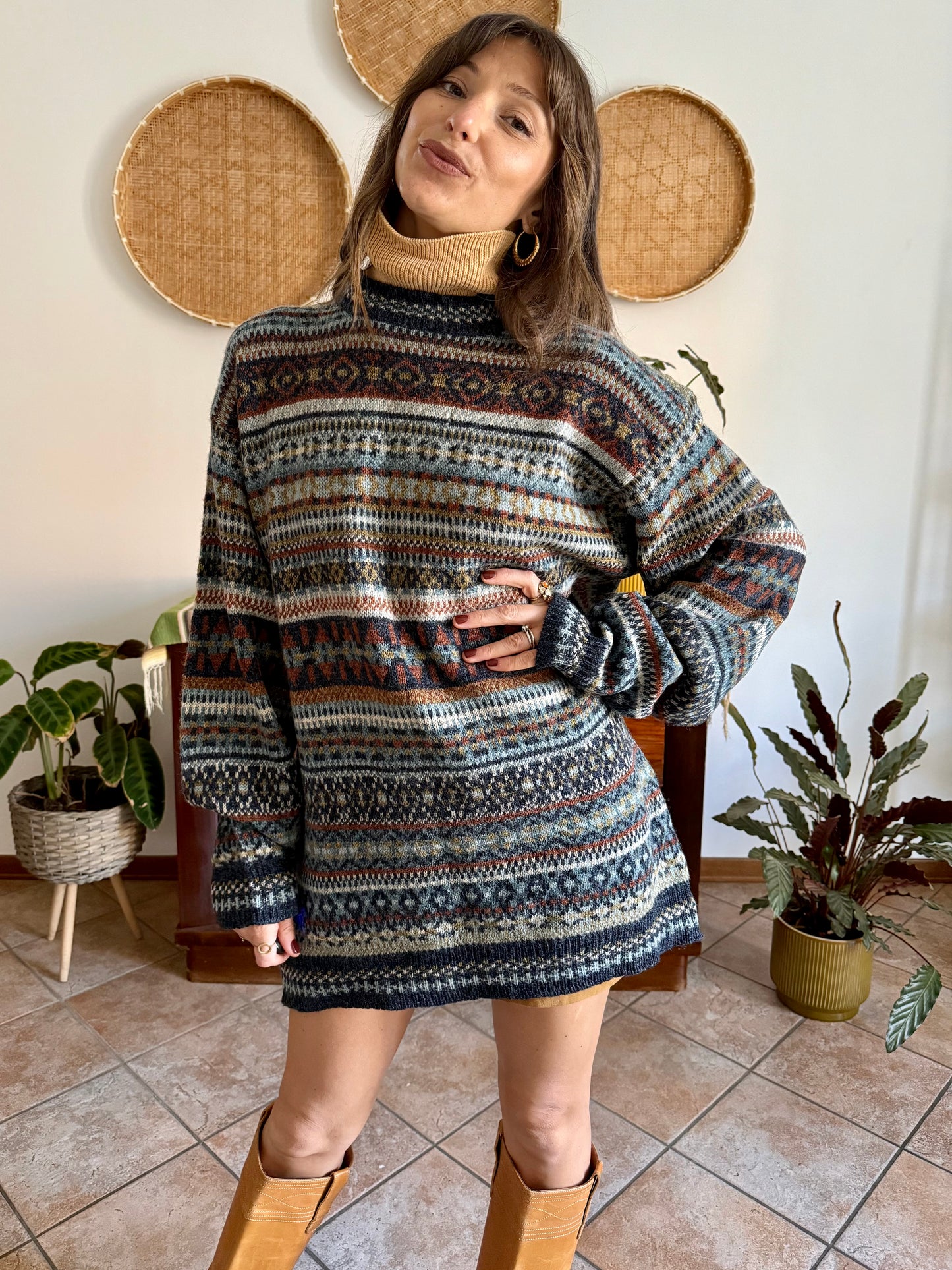1990's vintage wool chocolate brown, navy and light blue geometric stripe knit sweater dress
