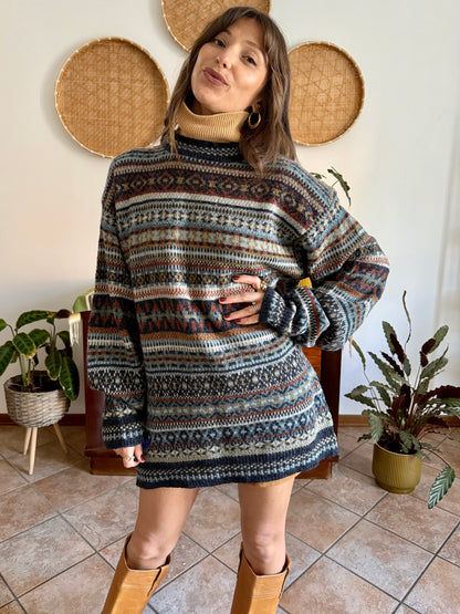 1990's vintage wool chocolate brown, navy and light blue geometric stripe knit sweater dress
