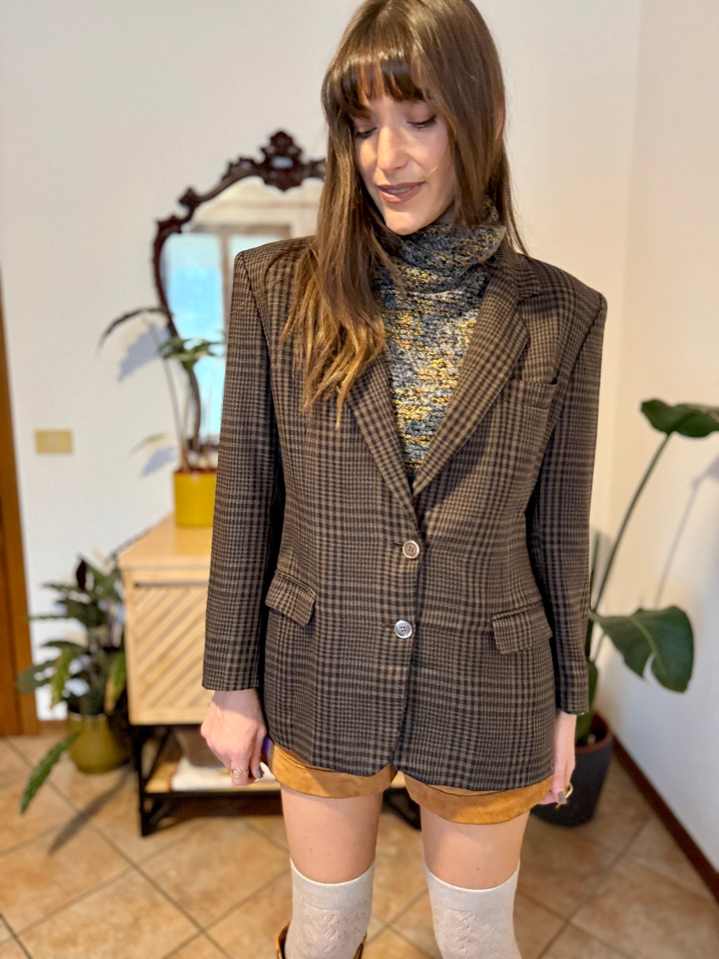 1990's vintage cashmere, wool and silk blend chocolate brown and blue blazer