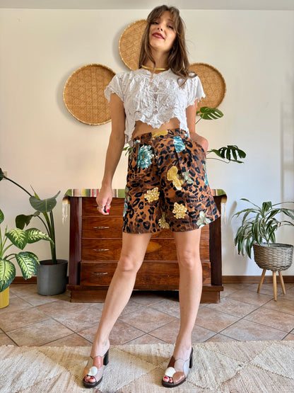 1980’s vintage leopard and floral print pleated front shorts