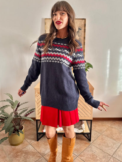 1990’s vintage navy blue knit pullover with red and cream geometric pattern
