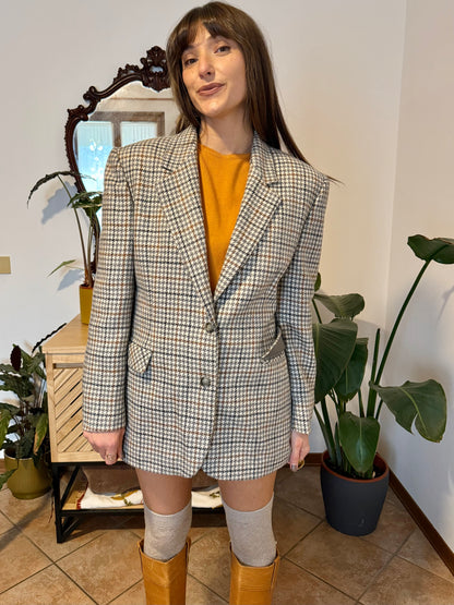 1970s vintage oversize cream, grey and tan houndstooth plaid wool blazer