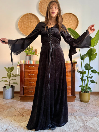 1990’s vintage black lace up bodice gothic velvet maxi dress with bell sleeves