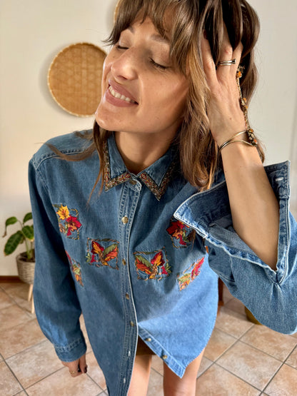 1990's vintage denim shirt with red, yellow and green embroidered autumn leaves