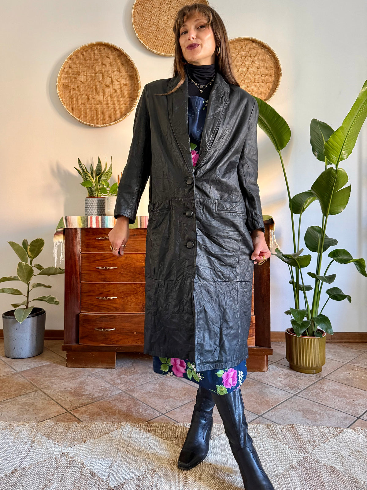 1990’s vintage butter soft black leather trench coat with lapel detail