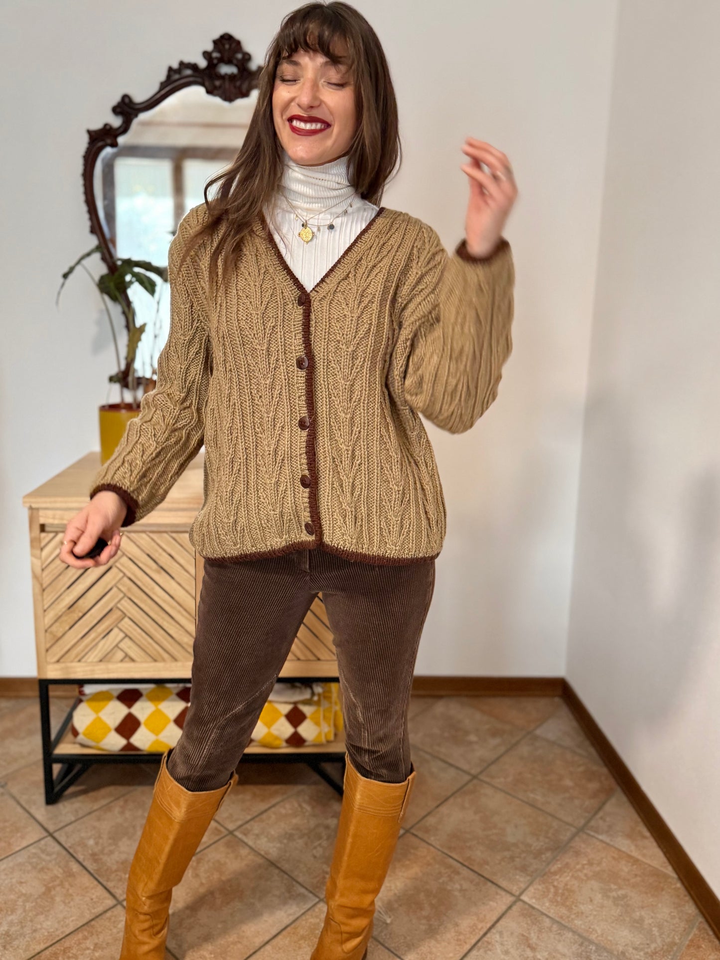 1970’s vintage tan hand knit wool cardigan with chocolate brown stitch trimming