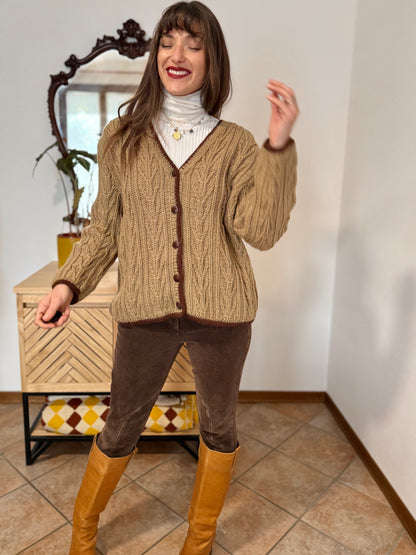 1970’s vintage tan hand knit wool cardigan with chocolate brown stitch trimming