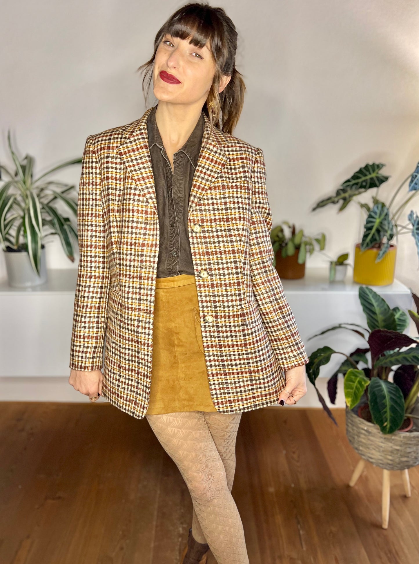 1970's vintage burgundy and brown oversize plaid wool blazer