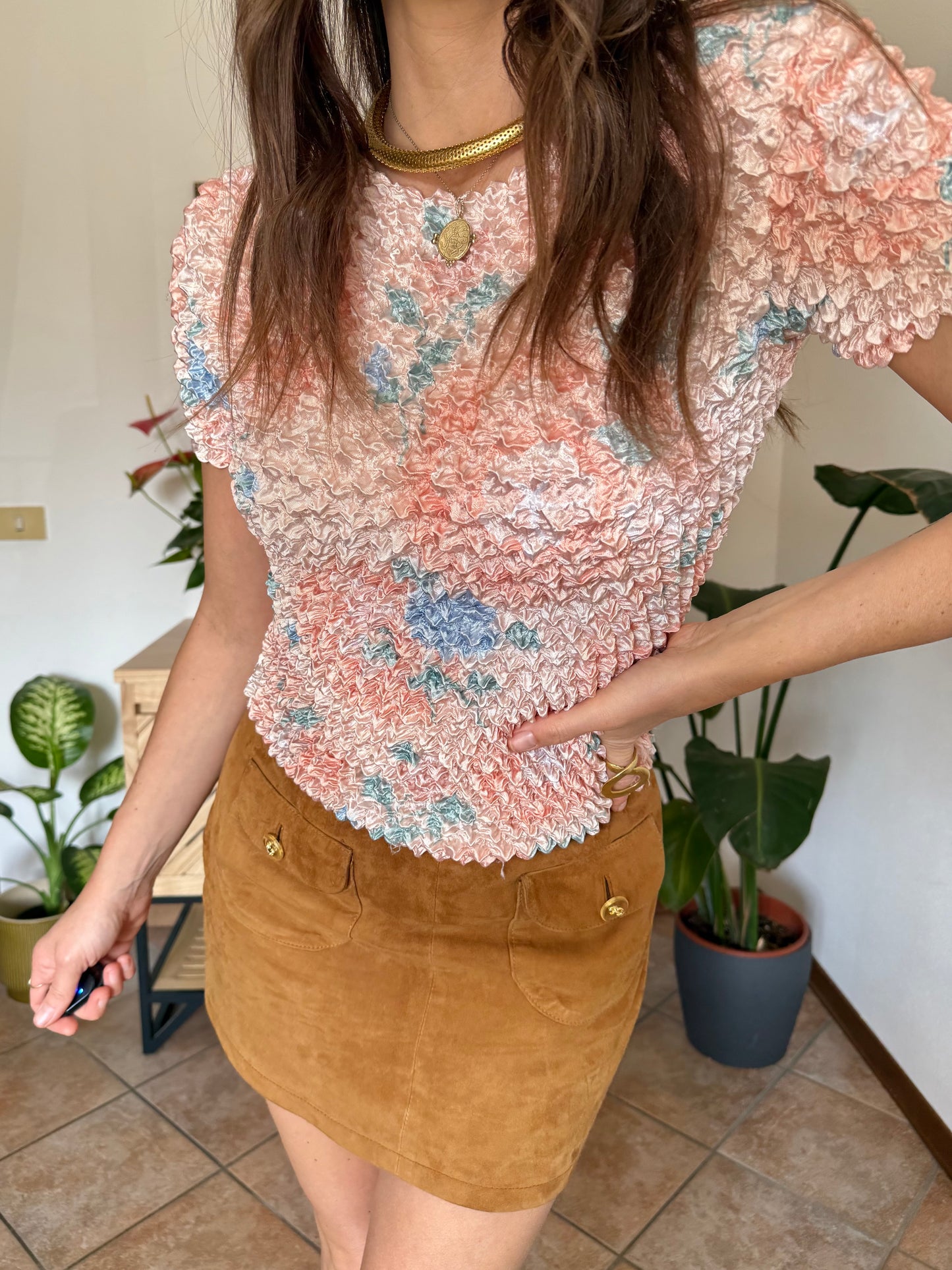 1990’s vintage pink, peach and blue crinkle top