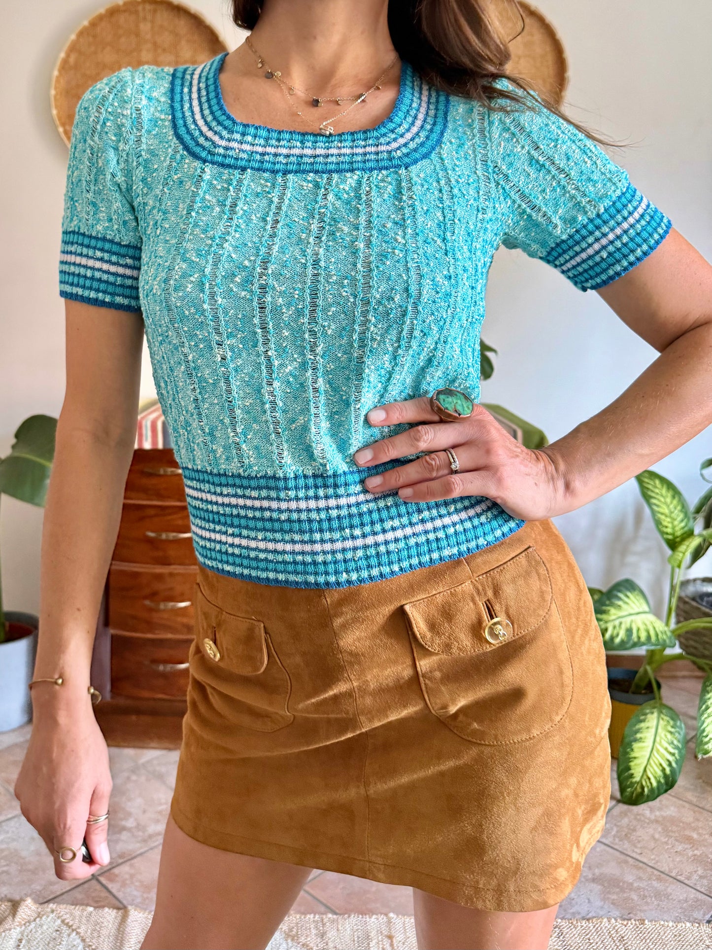 1970’s vintage turquoise,cream and blue textured knit top