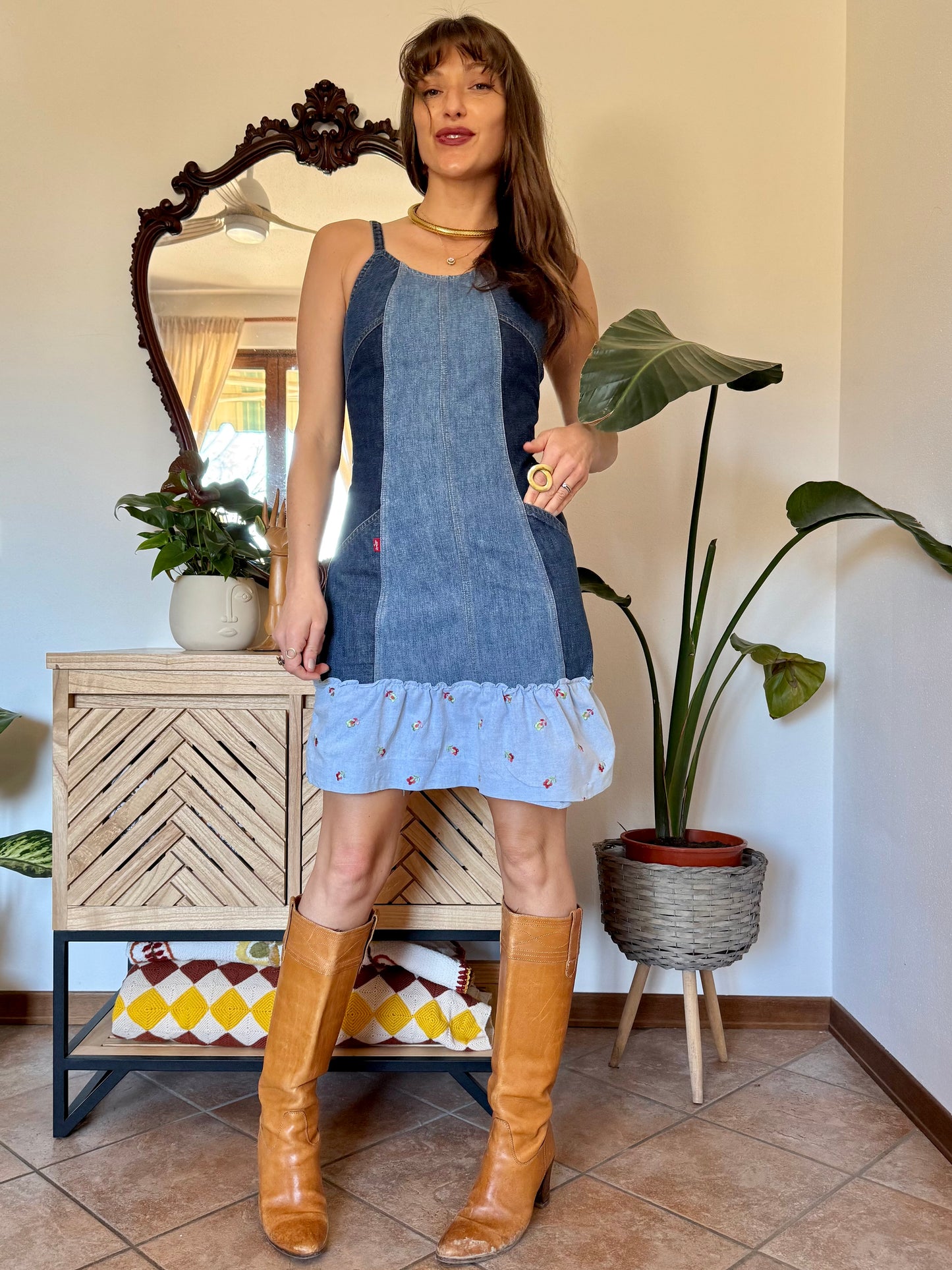 Y2k vintage denim Levi's mini dress with floral embroidery ruffle trim