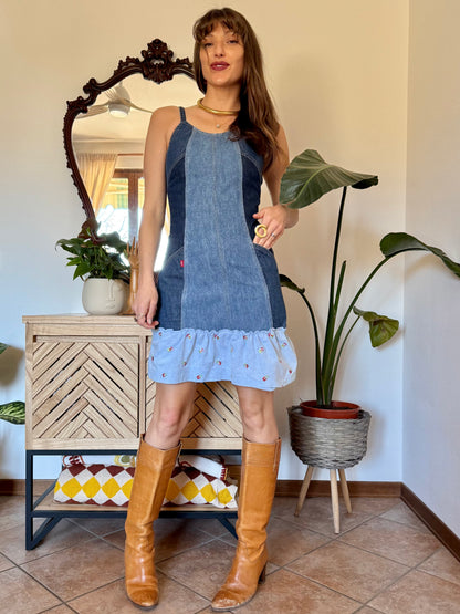 Y2k vintage denim Levi's mini dress with floral embroidery ruffle trim