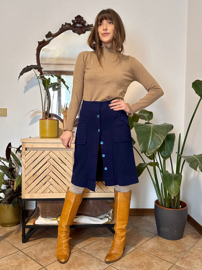 1960's blue knit wool midi skirt with light blue button details