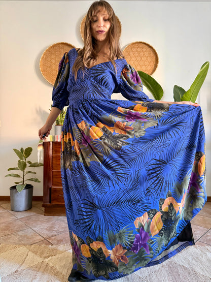1960’s vintage blue floral silk evening gown with matching scarf and belt
