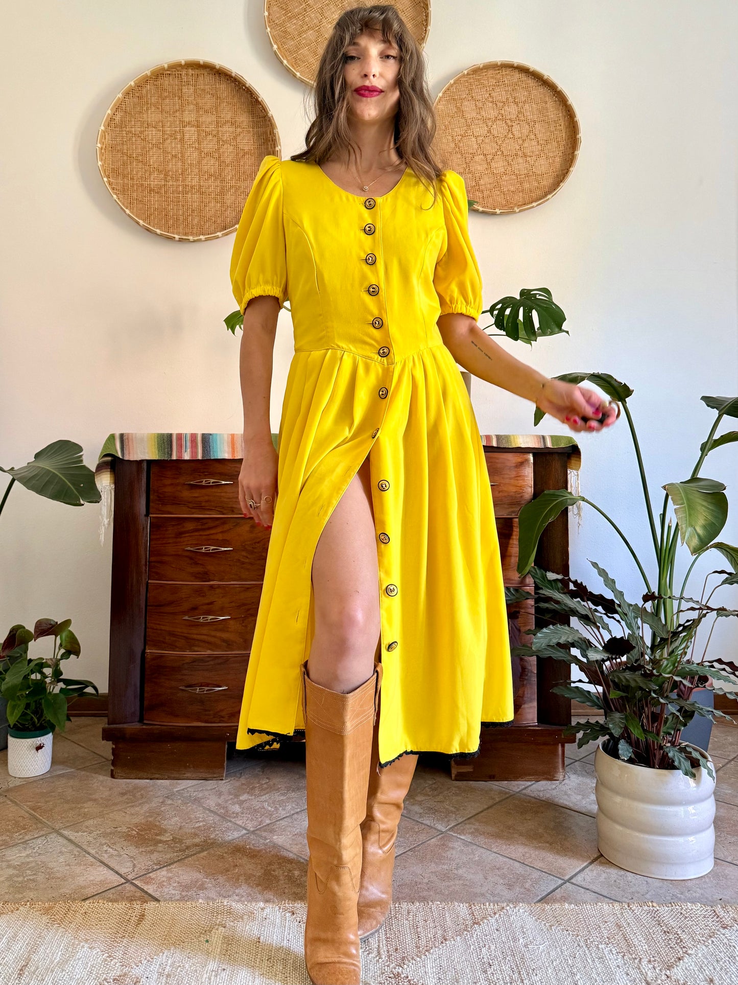 1960’s vintage canary yellow button down midi dress with black crochet detailing