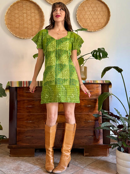 1970’s vintage mutitonal green hand block printed mini dress