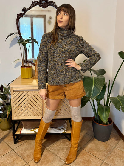 1990's vintage charcoal grey, yellow and blue boucle knit turtleneck pullover