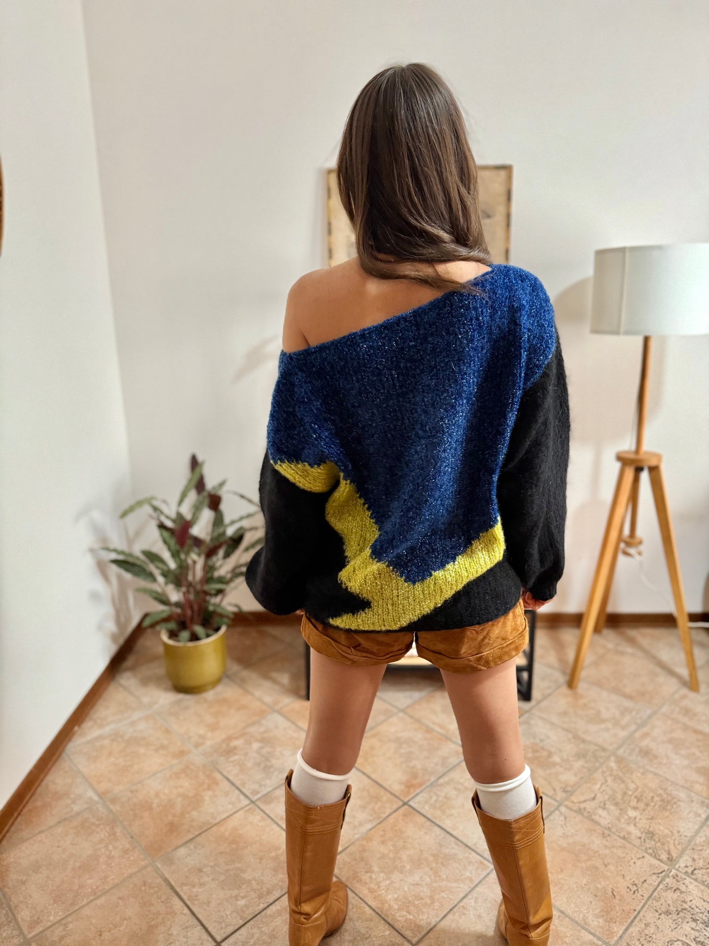 1980’s vintage blue, black and citron textured metallic pullover