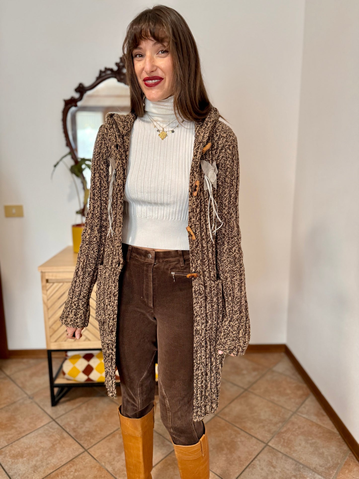 Y2K vintage chocolate brown and tan knit duster cardigan with suede flower details