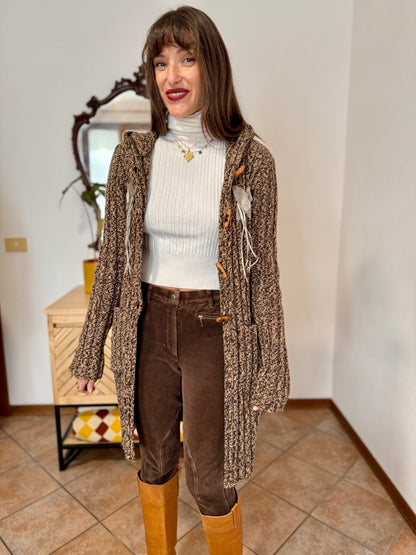 Y2K vintage chocolate brown and tan knit duster cardigan with suede flower details