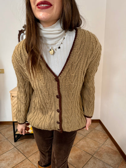 1970’s vintage tan hand knit wool cardigan with chocolate brown stitch trimming