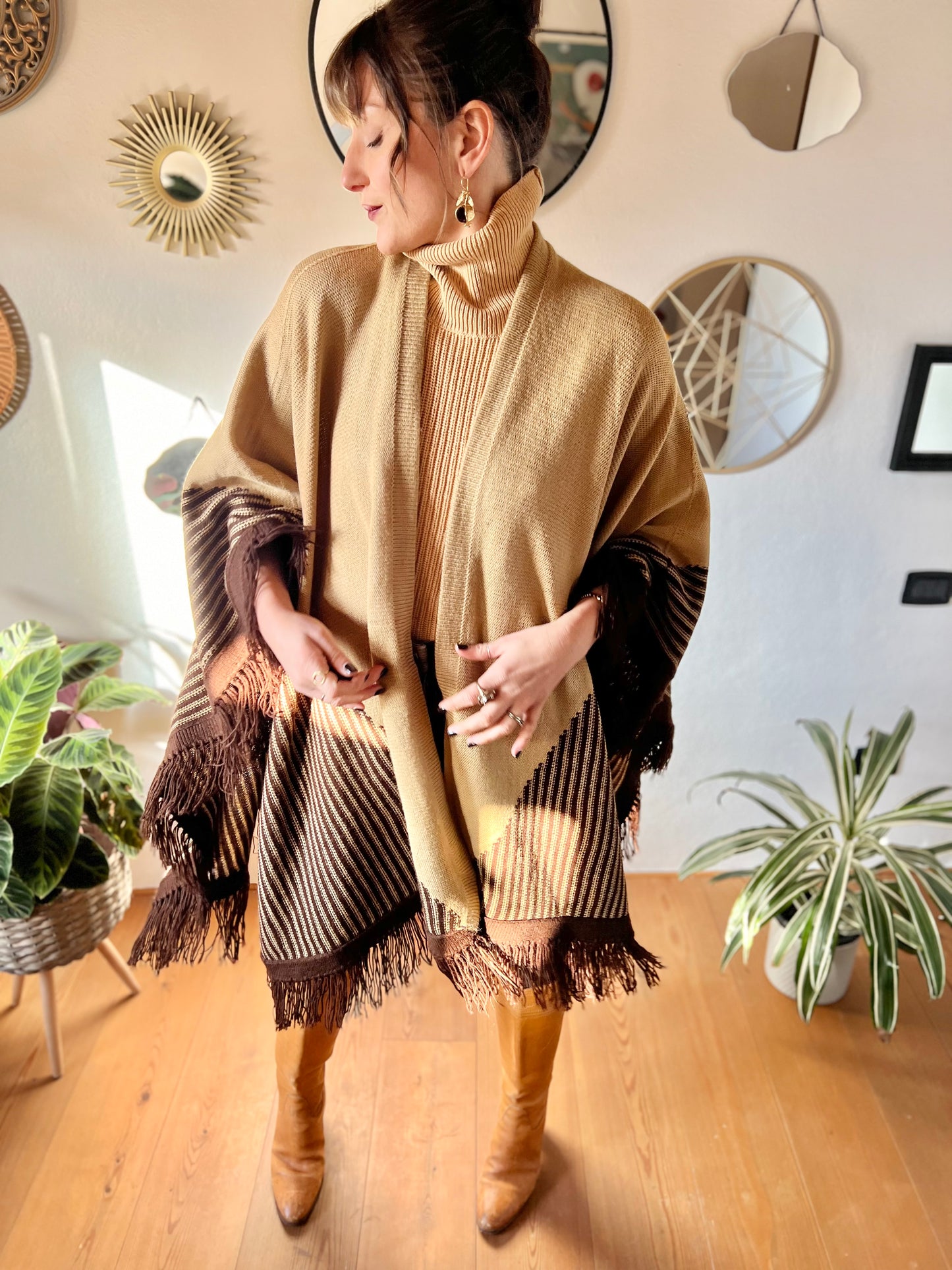 1970's vintage hand knit tan and chocolate brown geometric knit poncho with fringe detail