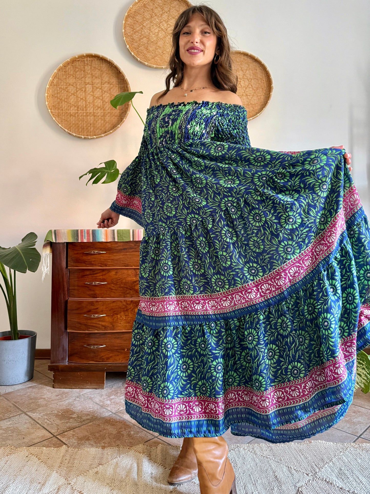 1970’s vintage green, blue and pink silk floral prairie maxi dress with bell sleeves
