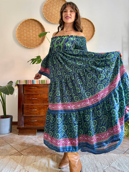 1970’s vintage green, blue and pink silk floral prairie maxi dress with bell sleeves