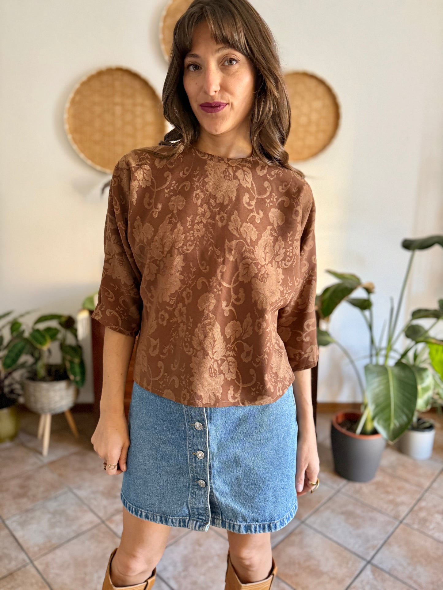 1970's vintage brown woven floral tapestry blouse
