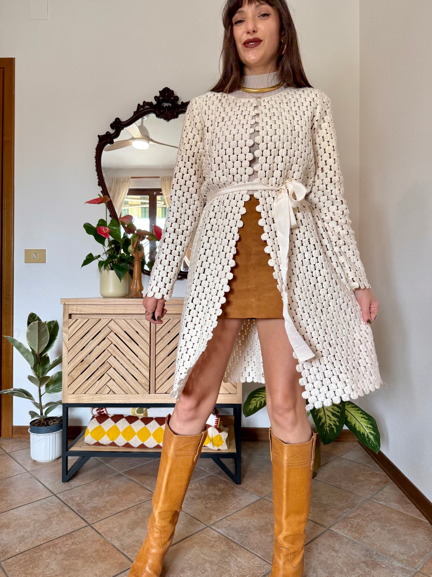 1970’s vintage cream crochet polka dot coat