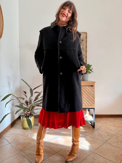 1950's vintage charcoal grey tyrol coat with green trimming and red and green plaid wool lining