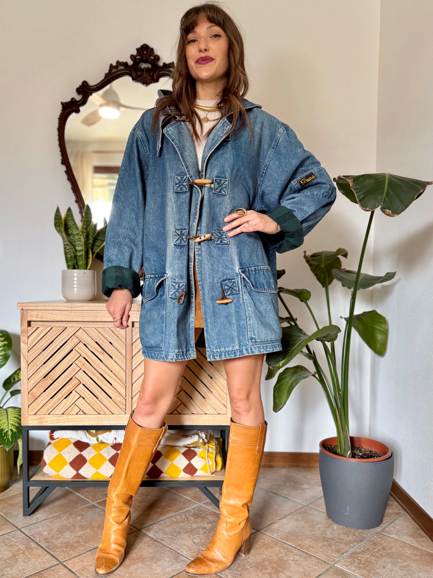 1990’s vintage denim duffle coat with green and navy plaid lining