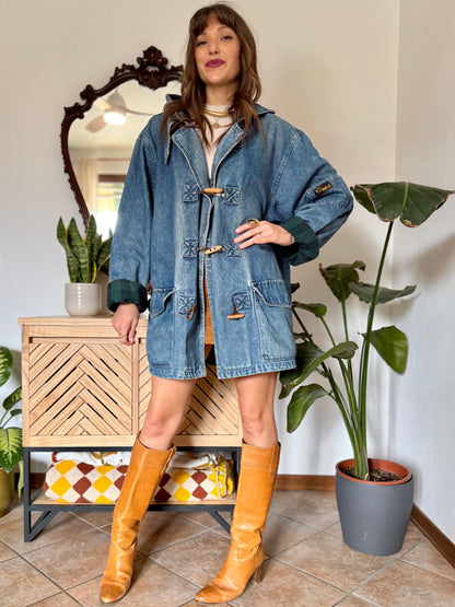 1990’s vintage denim duffle coat with green and navy plaid lining