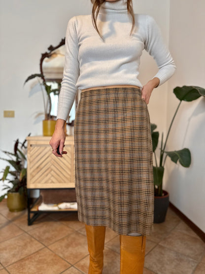 1970's vintage chocolate brown, green and blue plaid wool midi skirt