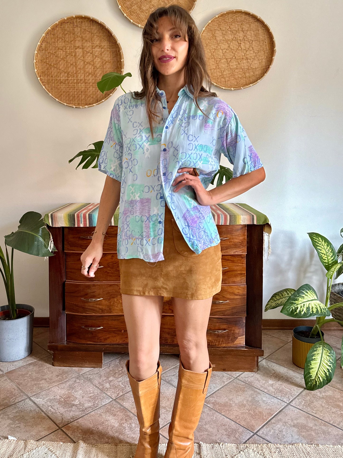 1990’s vintage lilac, turquoise and light blue geometric print blouse