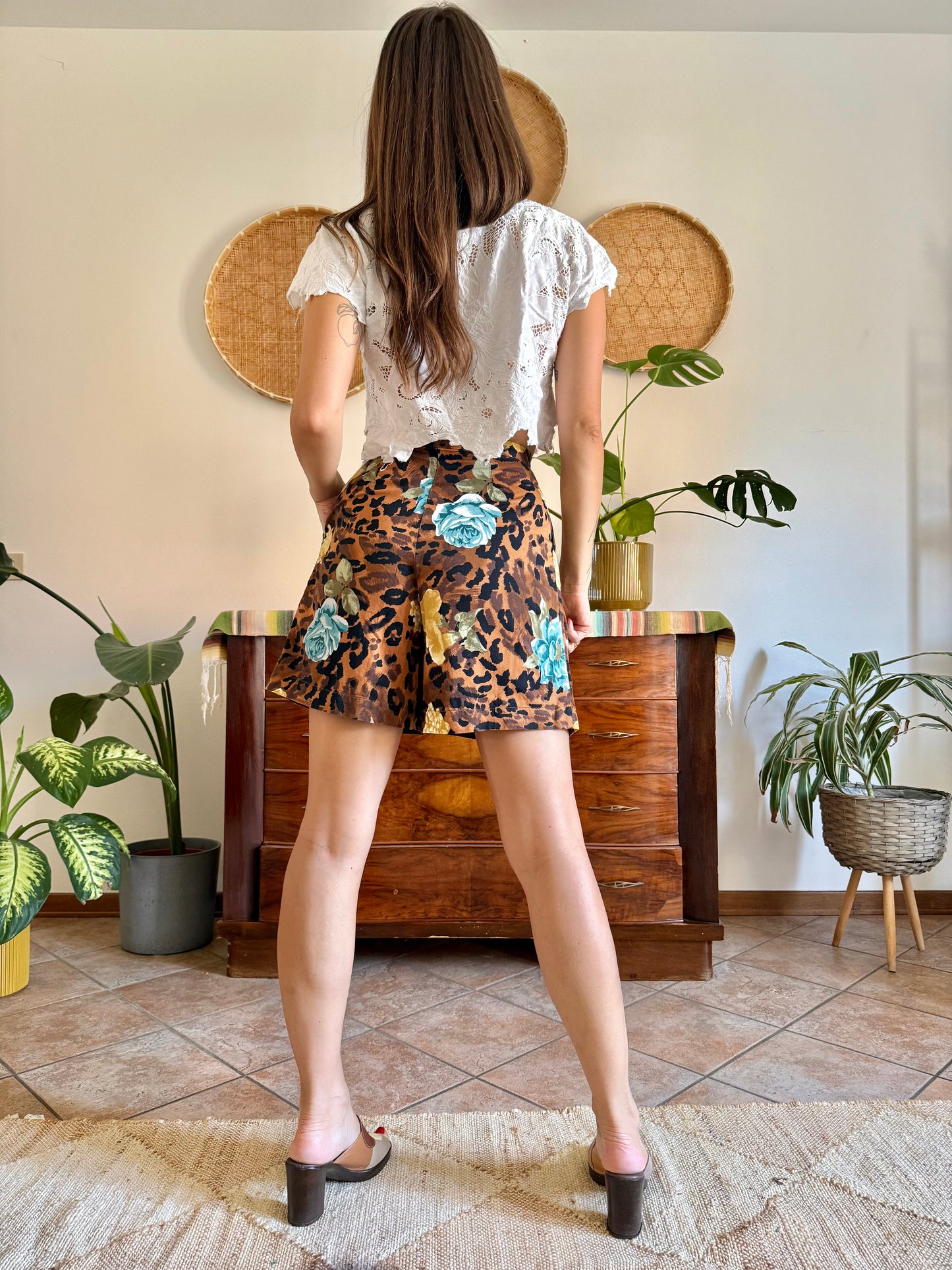 1980’s vintage leopard and floral print pleated front shorts
